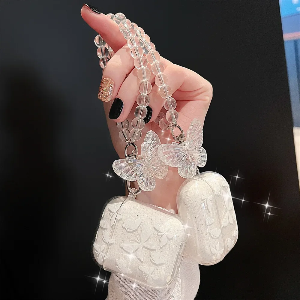 Crystal Butterfly Pendant Bead Bracelet Earphone Case for Apple airpods 1/2 /3 For Airpods Pro 2nd Earphone Case With Keychain