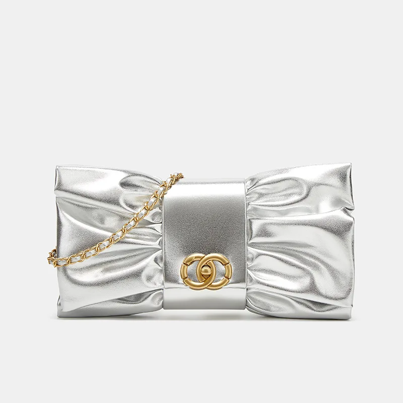 

2025 Luxury Women's Pleated High End Evening Clutch Bag Fashion Brand Cosmetic Bag New Handbag Bow Chain Shoulder Crossbody Bag
