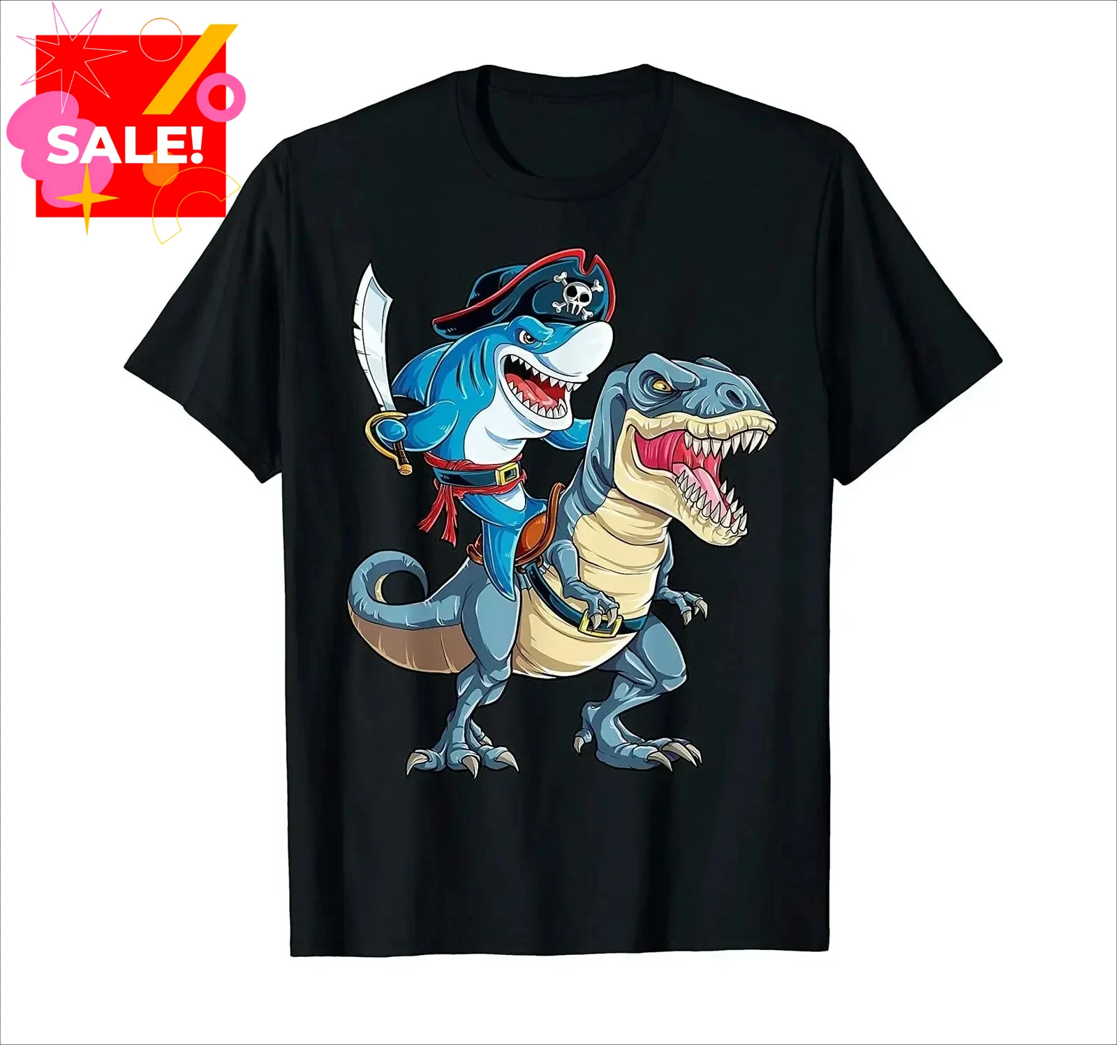 Interesting Shark Pirate Riding Dinosaur T Rex T-Shirt 100% Cotton O-Neck Summer Short Sleeve Casual Mens T-shirt Size S-3XL