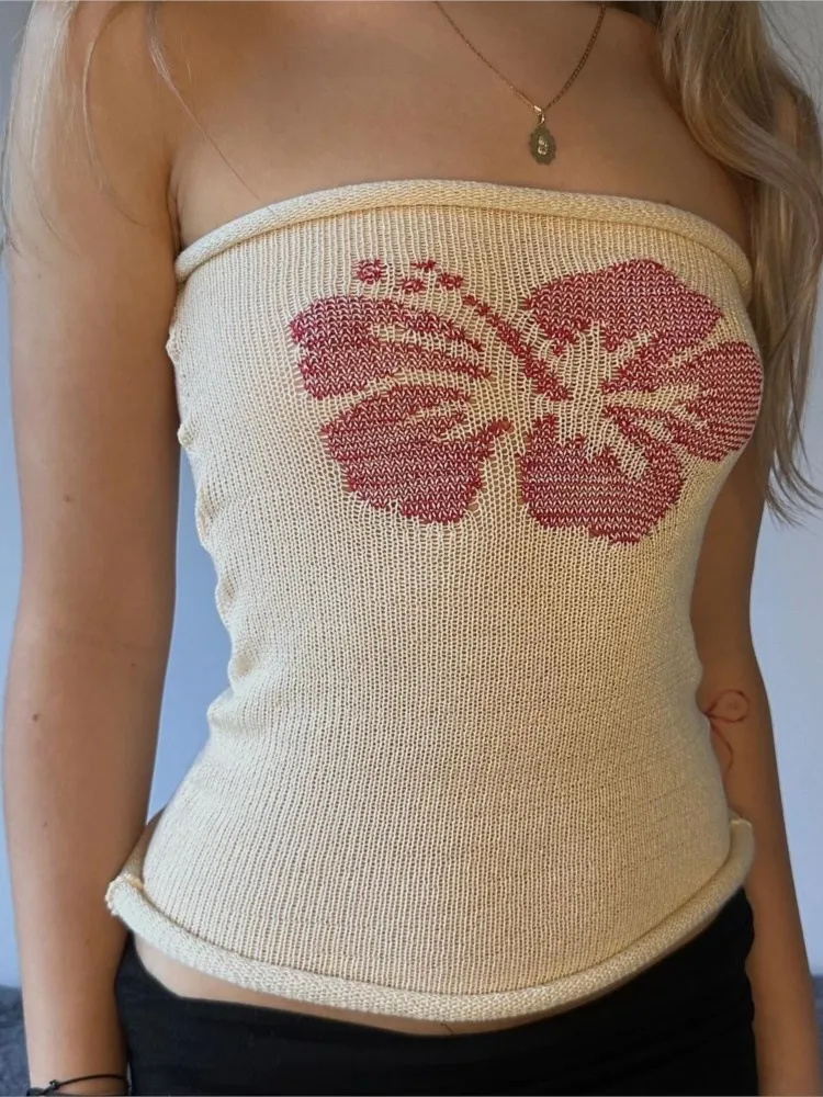 

Women's Clothing Off Shoulder Sleeveless Tops All-match Printing Simple Style Temperament Sexy Intellect Casual Knitted Bodycon