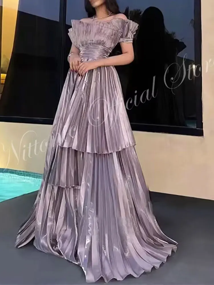 New Tiered Prom Dresses for Woman Scalloped Neck Short Sleeve Floor-Length A-Line Formal Occasion Vestidos Para Mujer Customized