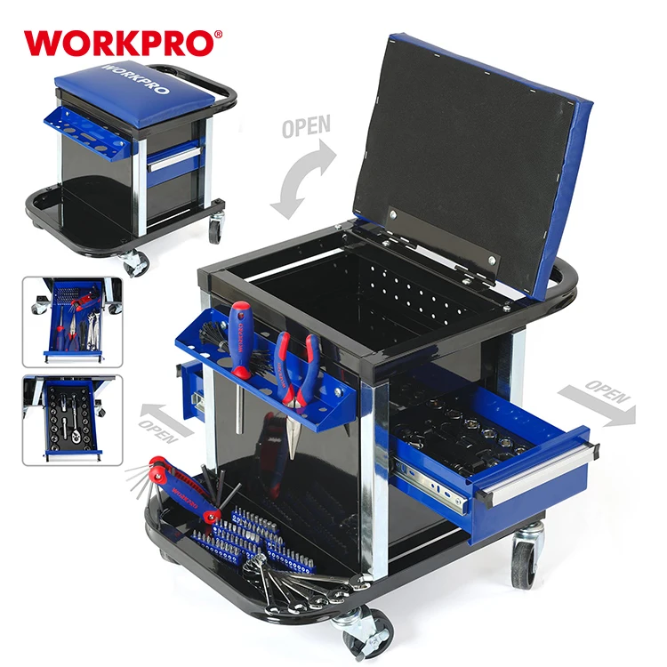 WORKPRO-caja de herramientas para garaje enrollable, juego de herramientas mecánicas, taburete con cajones, asiento de rodillo de almacenamiento