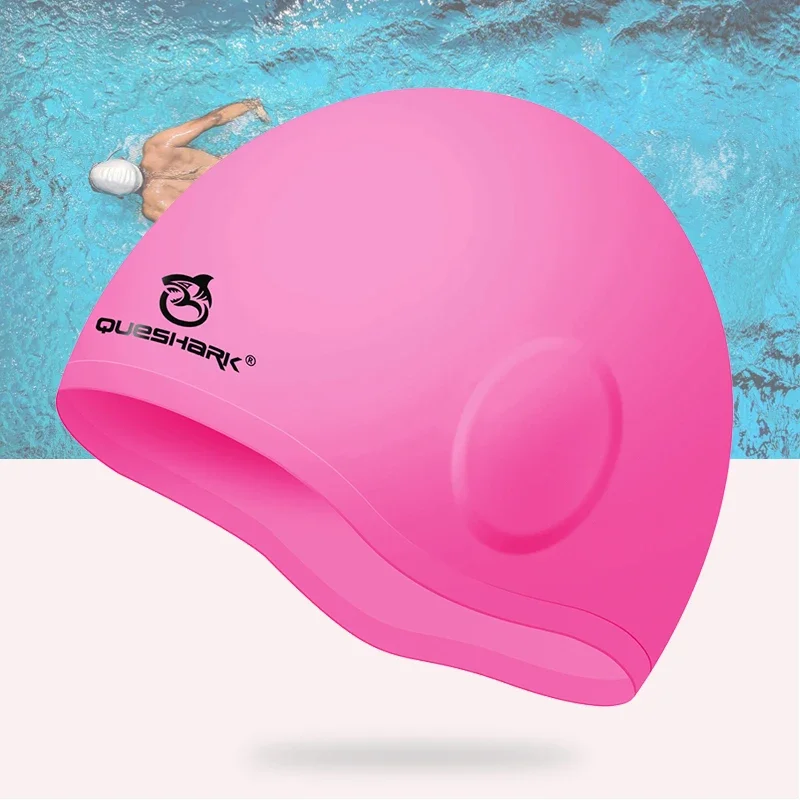 

QUESHARK Adults Teens Silicone Waterproof Seamless 3D Elastic Swimming Cap Sphere Ear Protector Diving Swim Hat Hair Protection