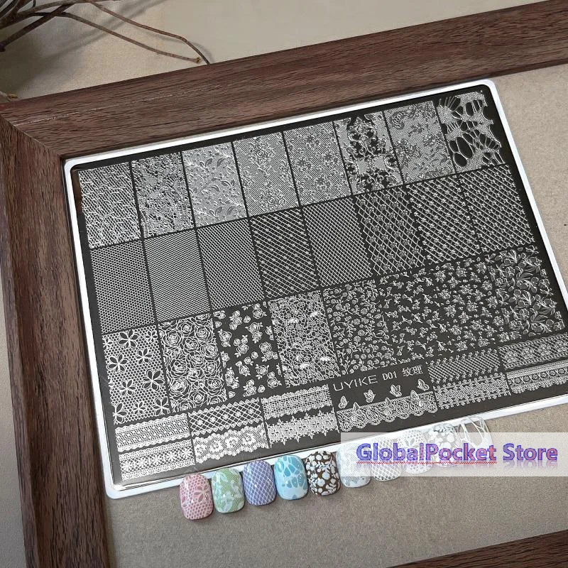 [TG823]1Pcs Lace Texture Plus Nail Art Printing Steel Plate – Exquisite Floral Mesh Lace Border DIY Transfer Tool
