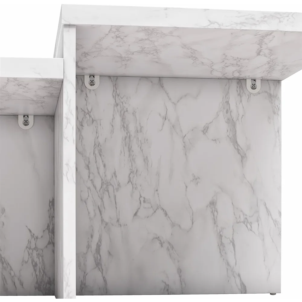 Mesa de centro Brielle de dos niveles, imitación mármol blanco