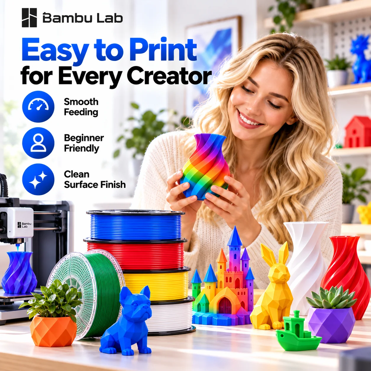 Bambu Lab PLA Basic Filament 1.75mm 1kg 3D Printer Filament Easy Printing RFID Smart Reusable Spool High Quality PLA Material
