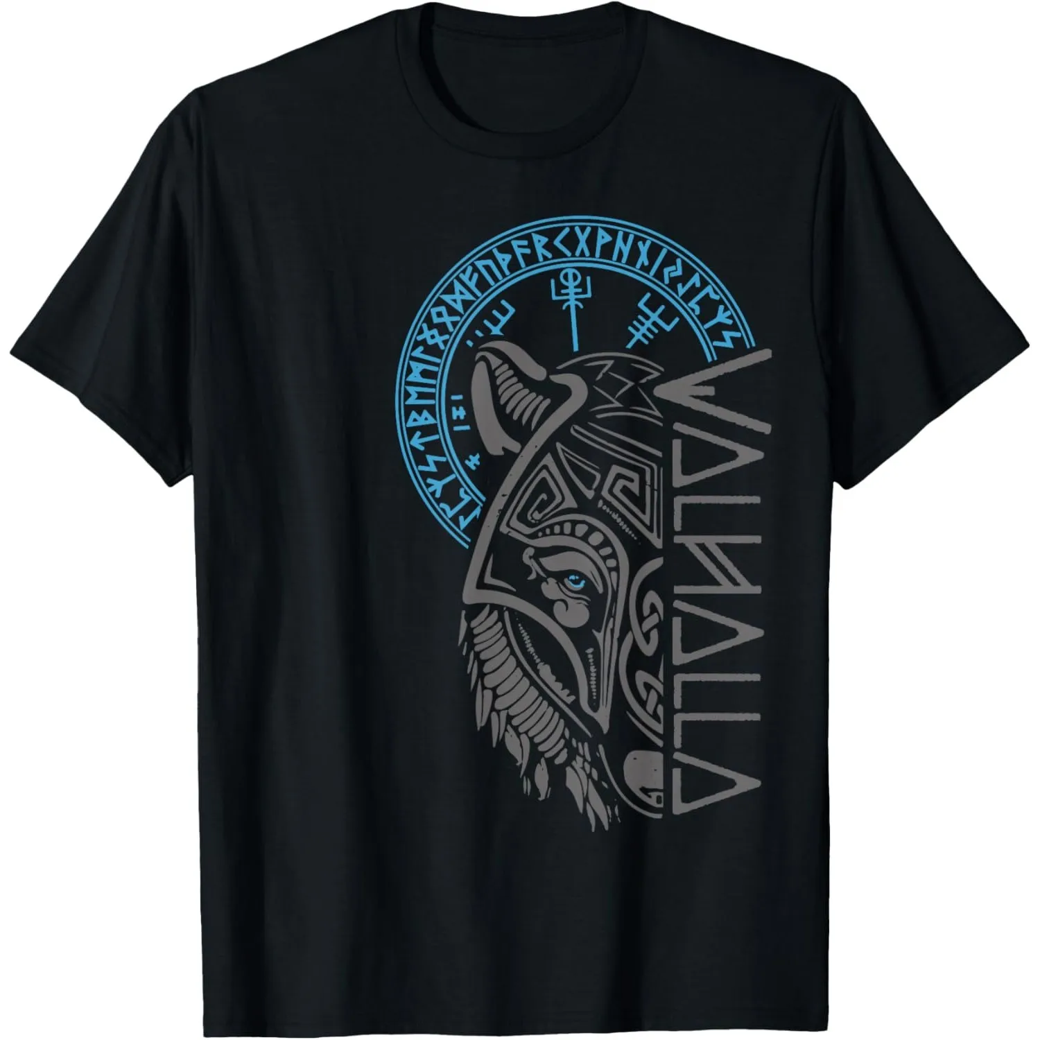 Valhalla Wolf Mask Viking Norse Runes Graphic Print Men's Crewneck T-Shirt Breathable