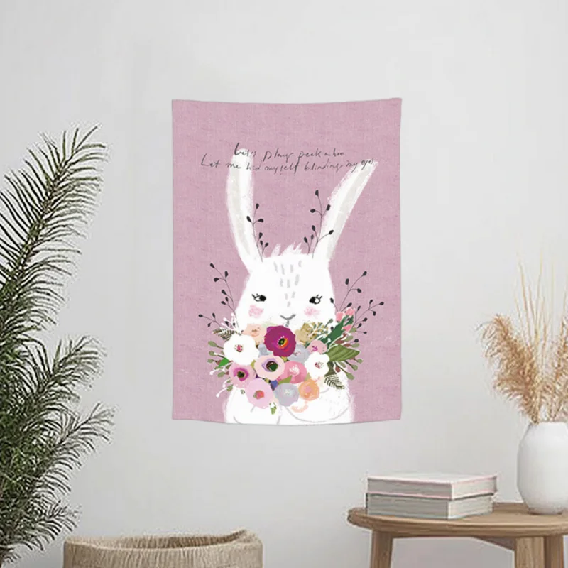 Niedlicher Hase & Waldlandschaft Wandteppich aus Polyester Ästhetischer Wandbehang Pastellfarbene Blumen Naturdekoration für Schlafzimmer Studentenwohnheim