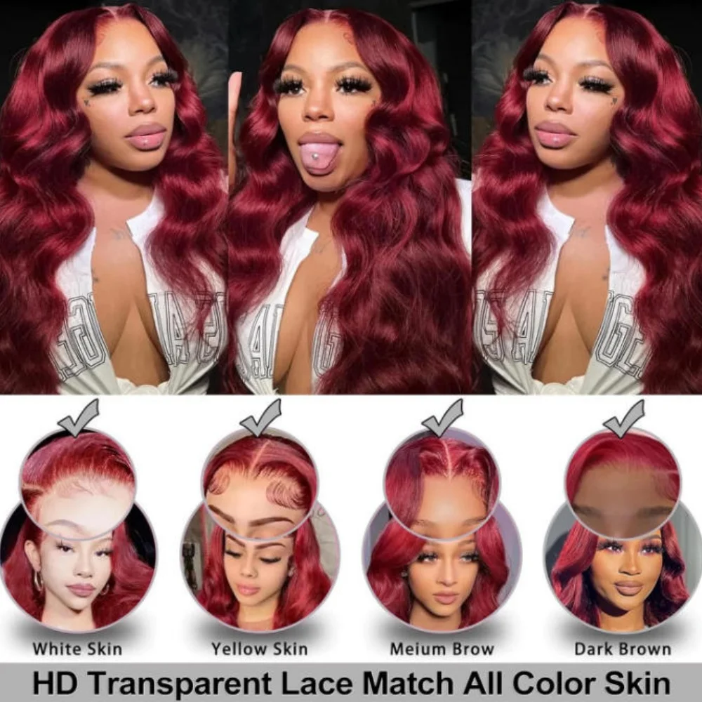 99J Burgundy Body Wave Lace Front Wig 250 Density 13x4 13x6 HD Transparent Lace Frontal Wig Pre Plucked Baby Hair Brazilian Virgin Human Hair Red Colored Wigs For Black Women image 8