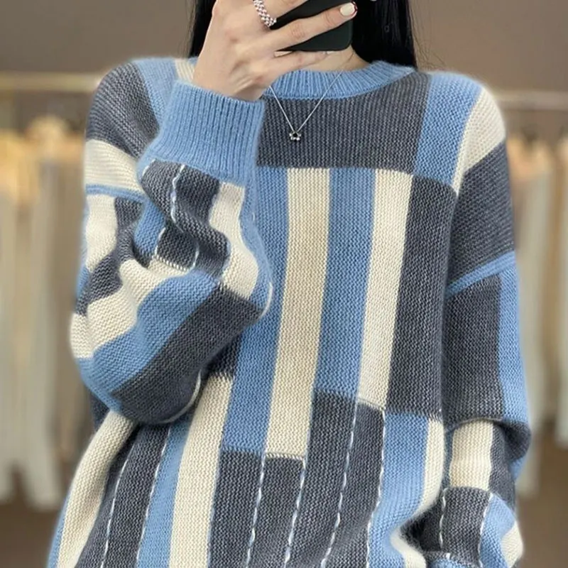 Female Clothing Patchwork Geometric Sweaters 2023 Autumn Winter Vintage Fashion Contrasting Colors Casual O-Neck Knitted Jumpers