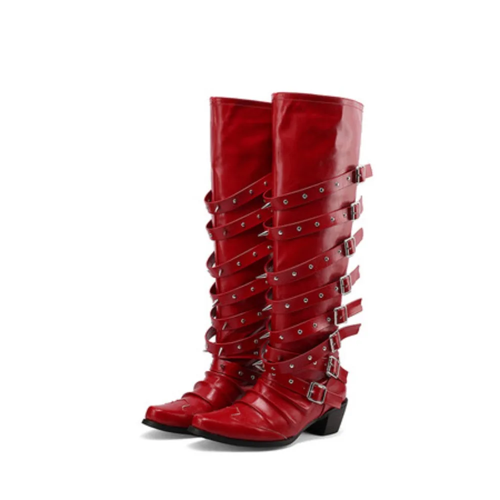 New Retro Belt Buckle Color Matching Rivet Long Boots European American Women Fashionable Punk Style Thick Heel Chelsea Boots