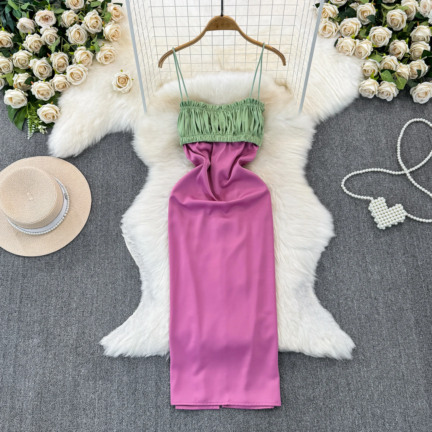 Vintage Sweet Pink Green Patchwork Holiday Party Pleated Dress Woman Elegancka sukienka bez rękawów z wysokim stanem Boho Dress