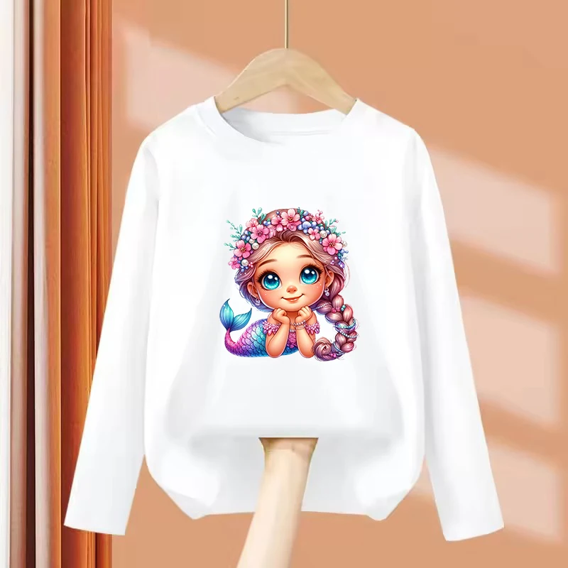 Long Sleeve Fashion Fish with Flower Design T-Shirt Printed T Shirt Girls' Summer Clothes Tops T-Shirts Cute Girls Clothing