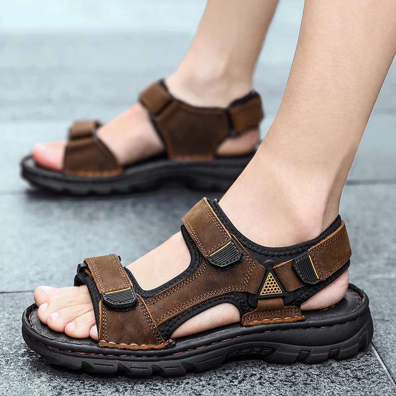 Summer Genuine Leather Men's Sandals Fashion Outdoor Beach Shoes Non-Slip Soft Bottom Size 38-48