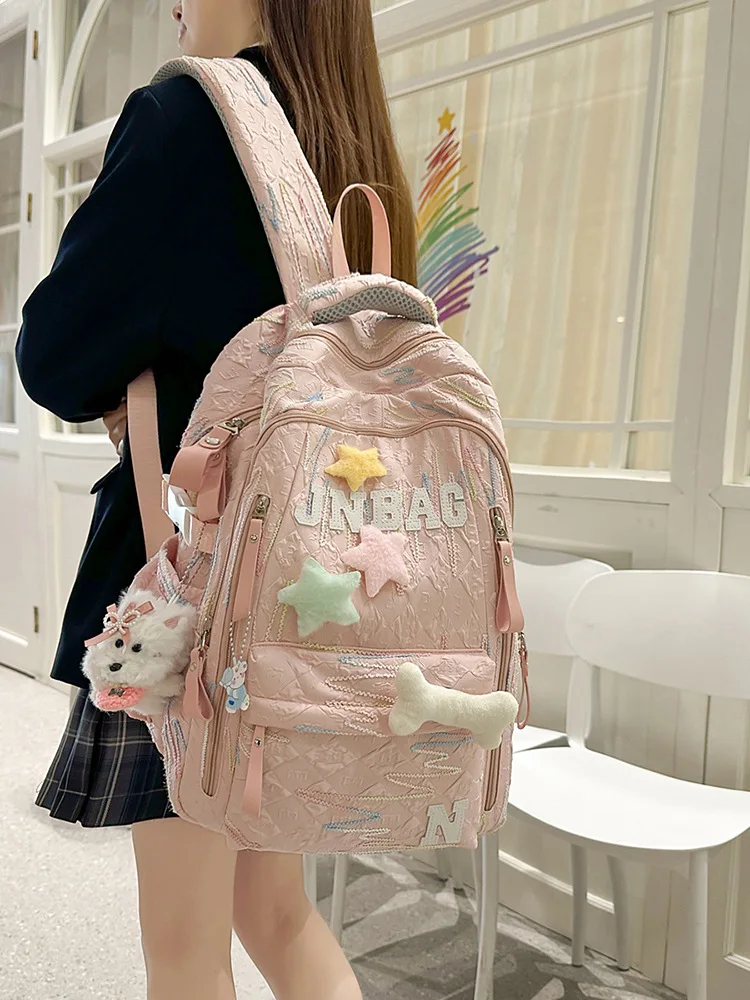 Ins Style Quilted Embroidered Backpack Waterproof Fabric Large Capacity Breathable Lightweight Rucksack For Girls Student Daily