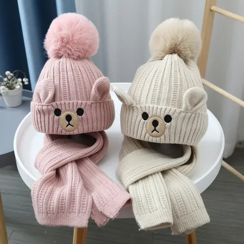 Cartoon Bear Crochet Bonnet for Toddler Warm Kids Beanie Scarf Set Boy Girl Outdoor Autumn Winter Hat Scarf Set Newsboy Cap