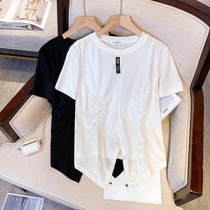 XL-4XL Large Size Irregular Split T-shirt Female Fashion Short-sleeve Oversize Top Shirring Loose Minimalist Style Korean Tshirt