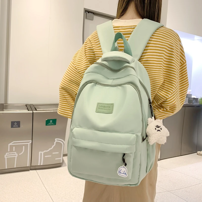 Solid Nylon Backpack, Cute Simple School Bag with Multi Pockets & Pendant, Large Lightweight Rucksack for Girls Student Daily Tr