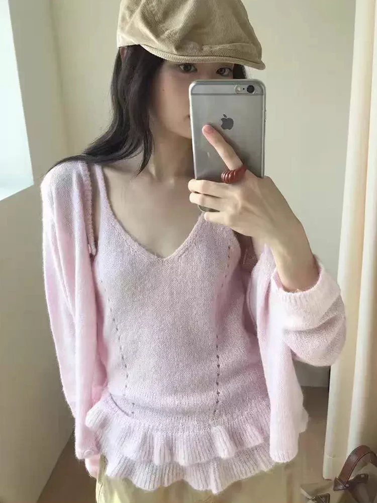 

Шикарный осенний новый женский вязаный свитер, пальто с вырезами и кружевной отделкой, мягкий Agel, нежный дизайн, комплект из двух предметов, Commute Faion