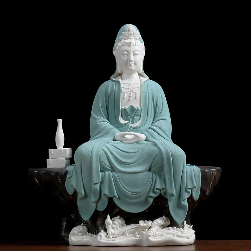 CZ ceramic sitting rock meditation Guanyin ornament Dehua white porcelain free statue sculpture living room entrance decoration