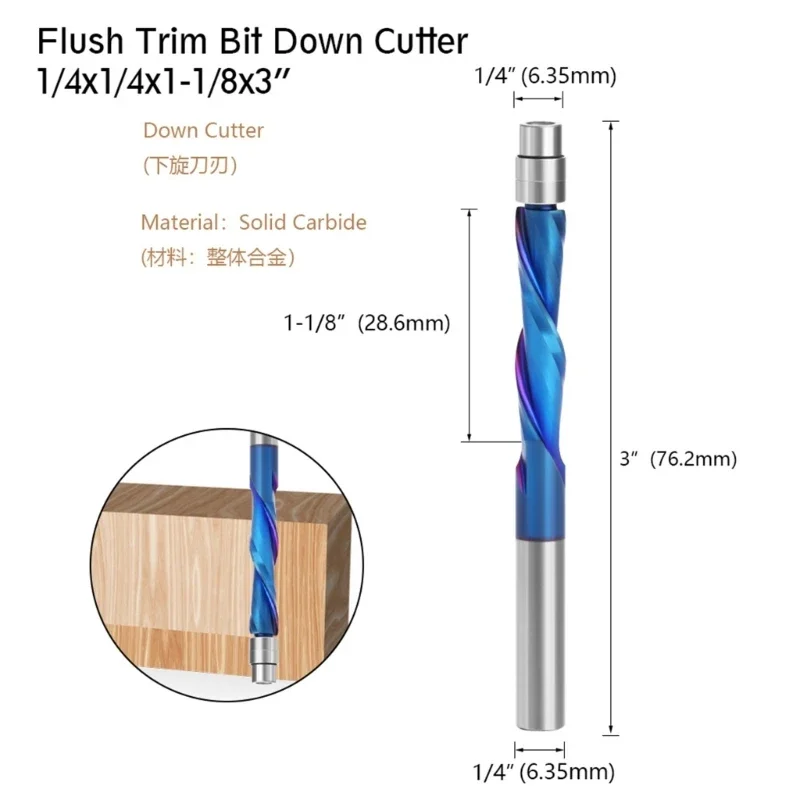 6.35mm Shanks Solid Carbides Bearing Guided Two Flutes Flush Trim Routers Bit Woodworking Milling Cutters End Mill