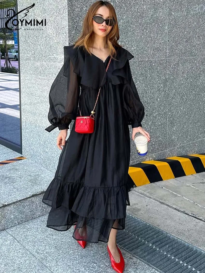 Oymimi Fashion Czarna Luźna Sukienka Damska Elegancka Sukienka z Falbankami Dekolt V Rękawki z Guzikami Jesienna Nowa Plisowana Sukienka do Połowy Łydki