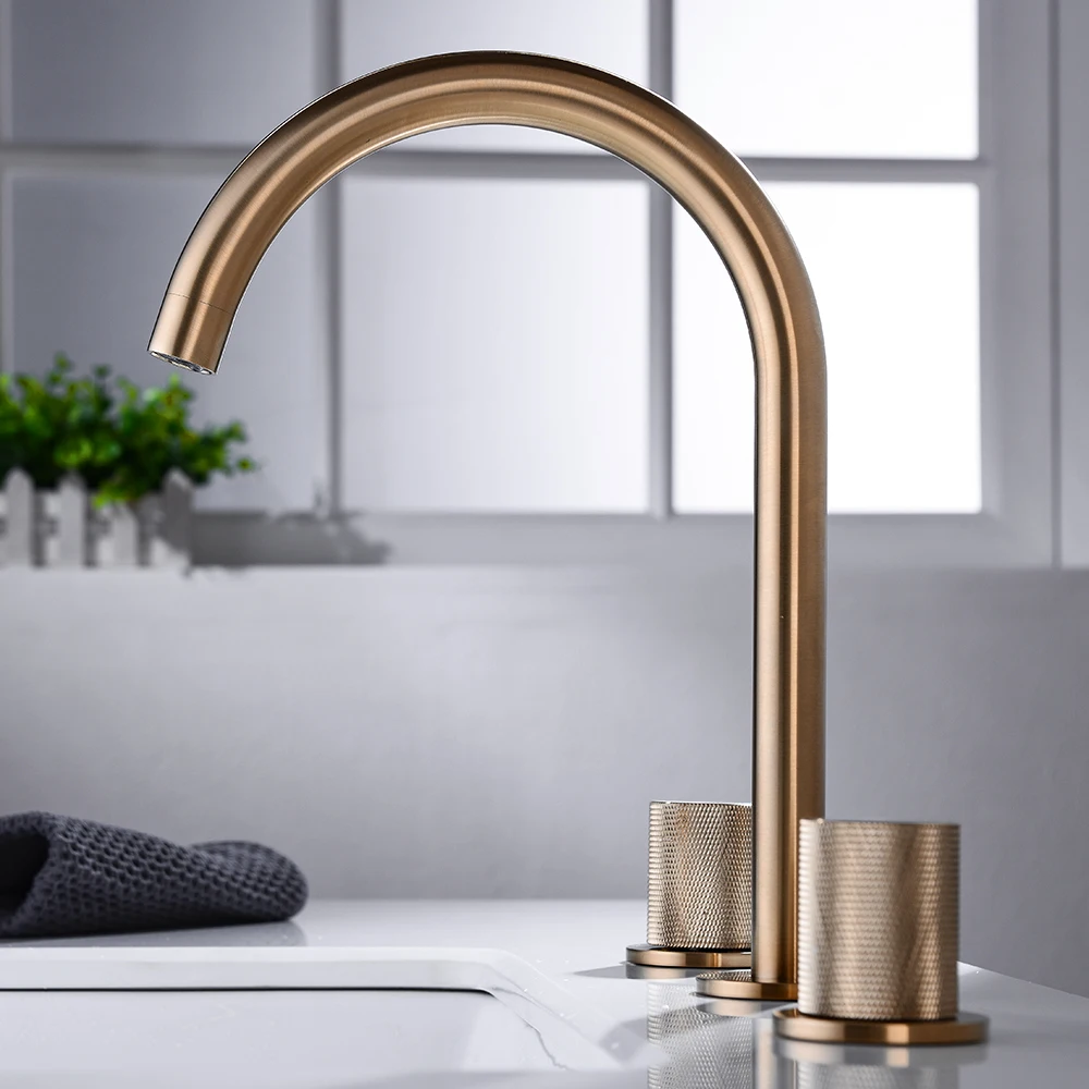 Deck Mounted Double Handles Bathroom Faucet with Knurling Design Handle Brushed Gold Twist Spout Widespread Water Tap