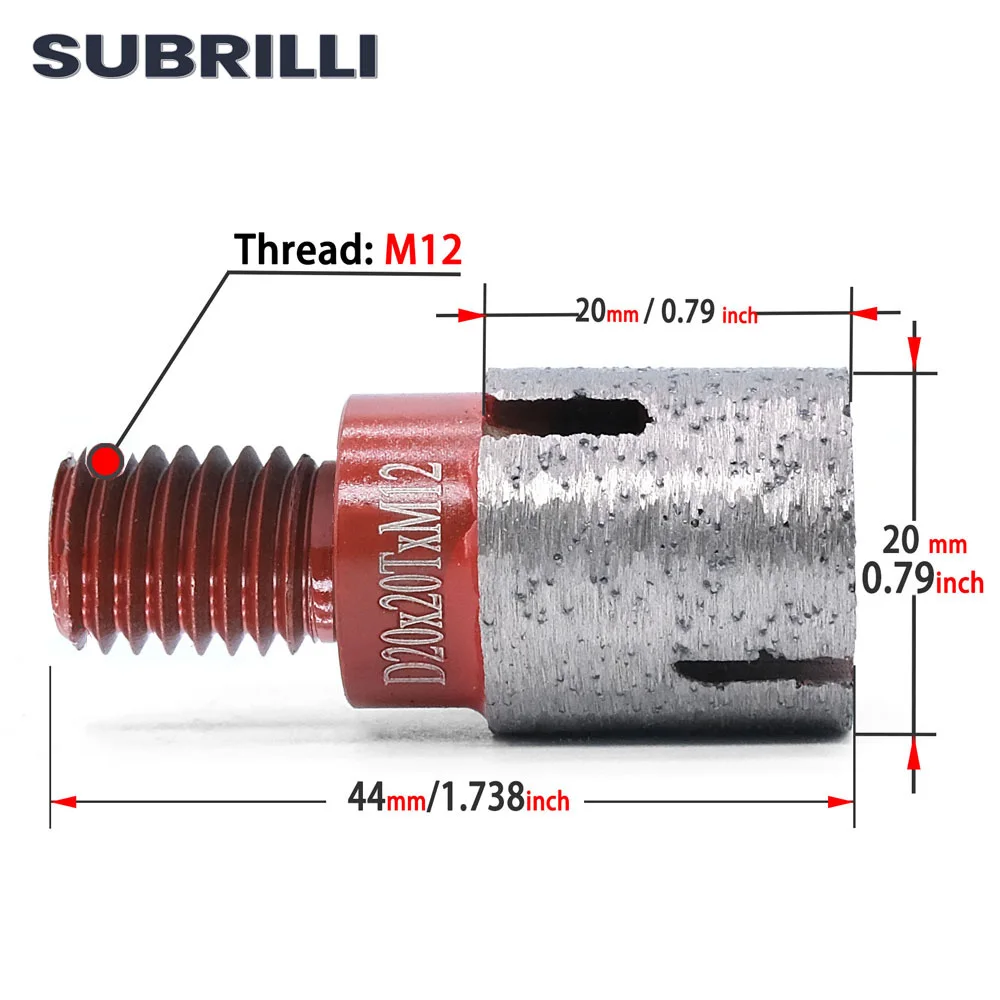 SUBRILLI Diamond Drill Bit left thread M12 Screw CNC Cutting Finger Bits For Grante Marble Stone Milling Cutter 20mm Diameter