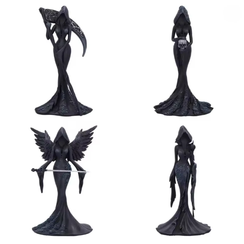 Winged Dark Hooded Female Reaper Figurine Resin Craft Sculpture Gothic Tabletop Decor Halloween Horror Fantasy Home Ornament