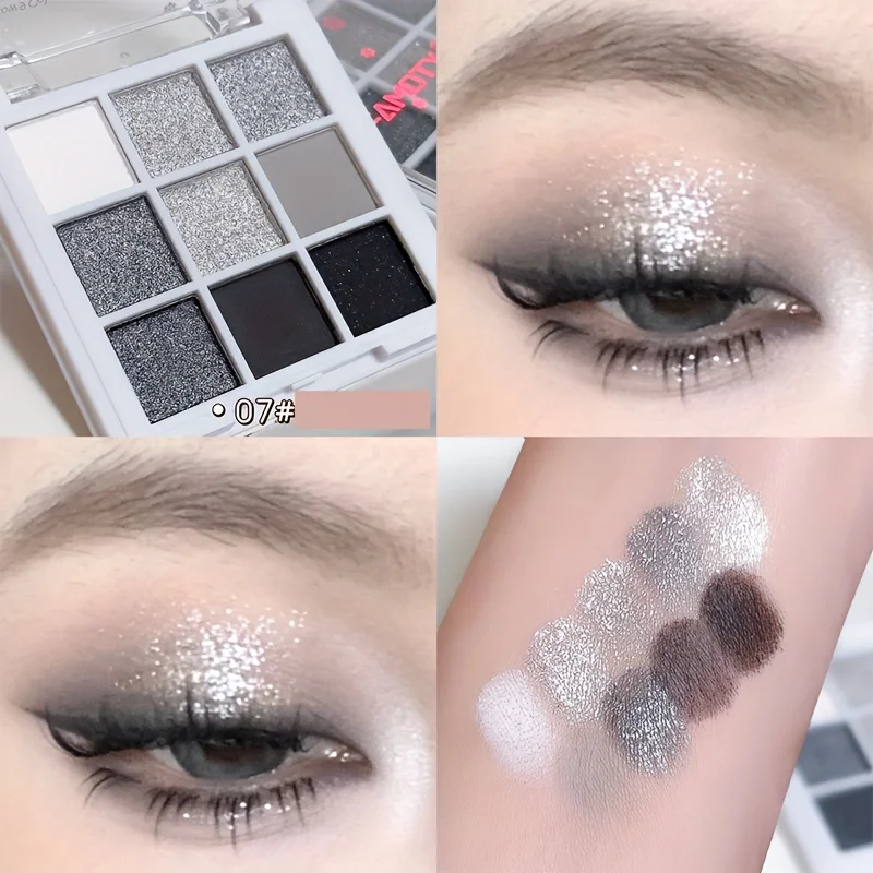Paleta de sombras de ojos de 9 colores, color negro oscuro, gris, plateado, brillo mate, acabado brillante, estilo ahumado