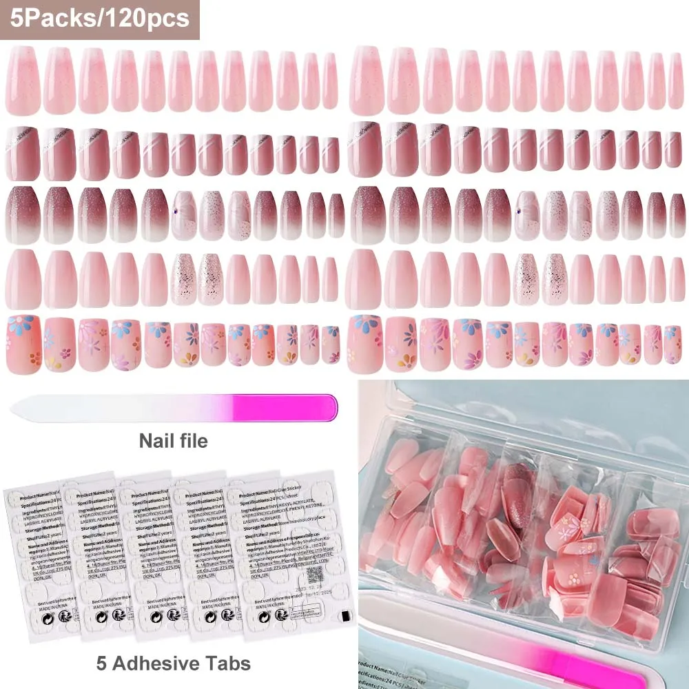 

5*24Pcs Medium French Almond Press on Nails With 1 Glass Rubbing Strip+5 Jelly Glue Full Cover False Nail Acrylic Fake Fingertip