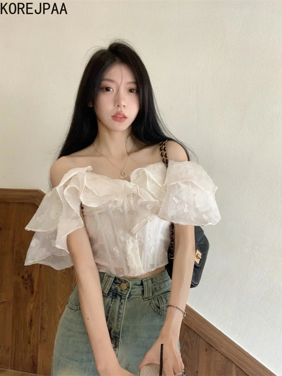 Korejpaa French Style White Shirt Ruffle Slash Neck Off Shoulder Short Shirts Women 2024 Summer Slim Crop Top Ins Fashion Blouse