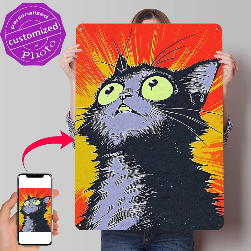 Shocked Black Cat With Wide Eyes Metal Poster Customized Wall Art Retro Vintage Metal Signs for Man Cave Room Decoration Decor