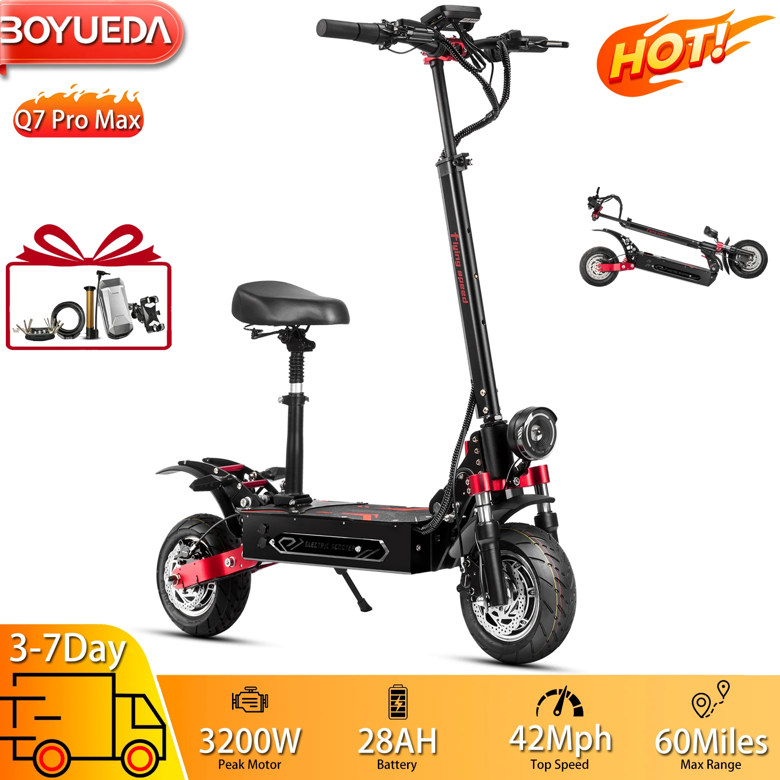 

Электрический самокат, складной Boyueda Q7 Pro Max, 10 дюймов, 3200 Вт, мотор, электронный самокат для взрослых, максимальная скорость, 42 миль, 1456 Вт, диапазон 60 миль, нагрузка 330 фунтов, новинка