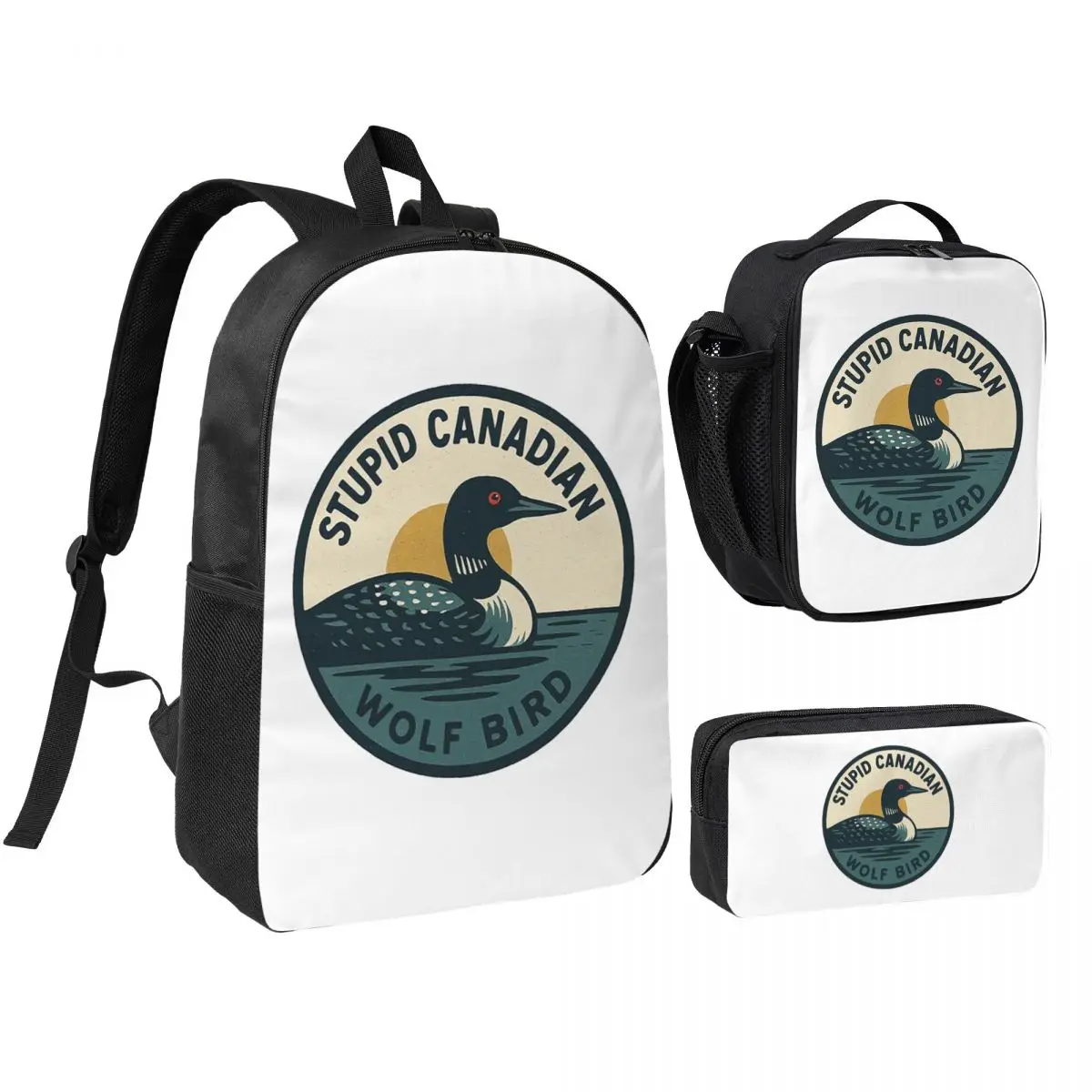Mochila Escolar e para Computador Wolf Bird Canadian Wolf com Design de Rivalidade Aquecida e Estampa Canadense, Conjunto de 3 Peças com Lancheira Térmica e Estojo para Lápis