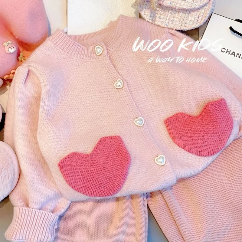 

2-8Y Kids Cardigan Coats Autumn Winter Baby Girls Long Sleeve Heart Knit Sweaters Toddler Girls Cute Jackets Children Clothing