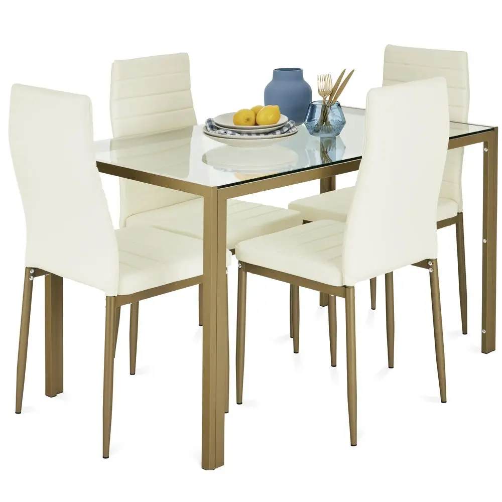 

5Piece Glass Dining Set, Modern Kitchen Table Furniture for Dining Room, Dinette, Compact SpaceSaving w Glass Tabletop, 4 hol