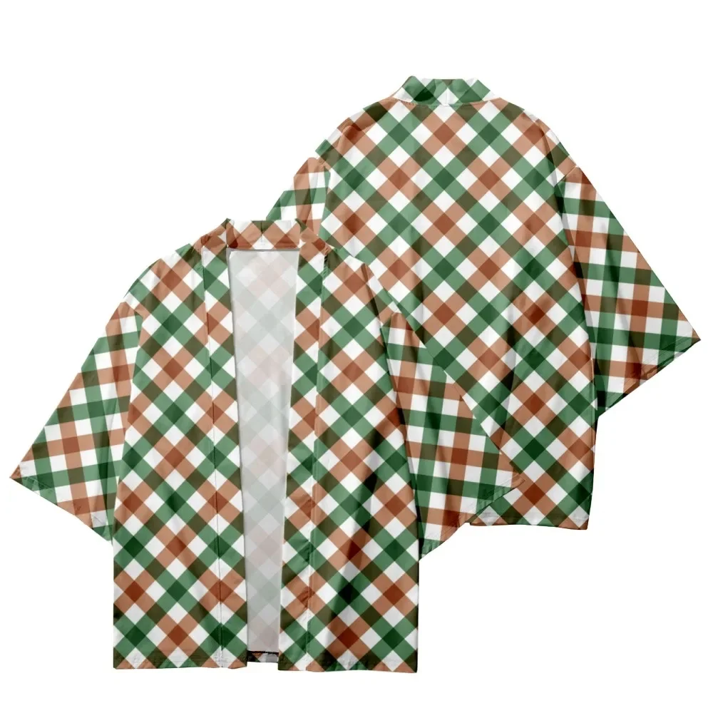 Japanse Kimono Voor Mannen/Vrouwen Harajuku Plaid Patroon Traditionele Yukata Korte Mouw Strand Shirt Zomer Badjas Samurai Kimono