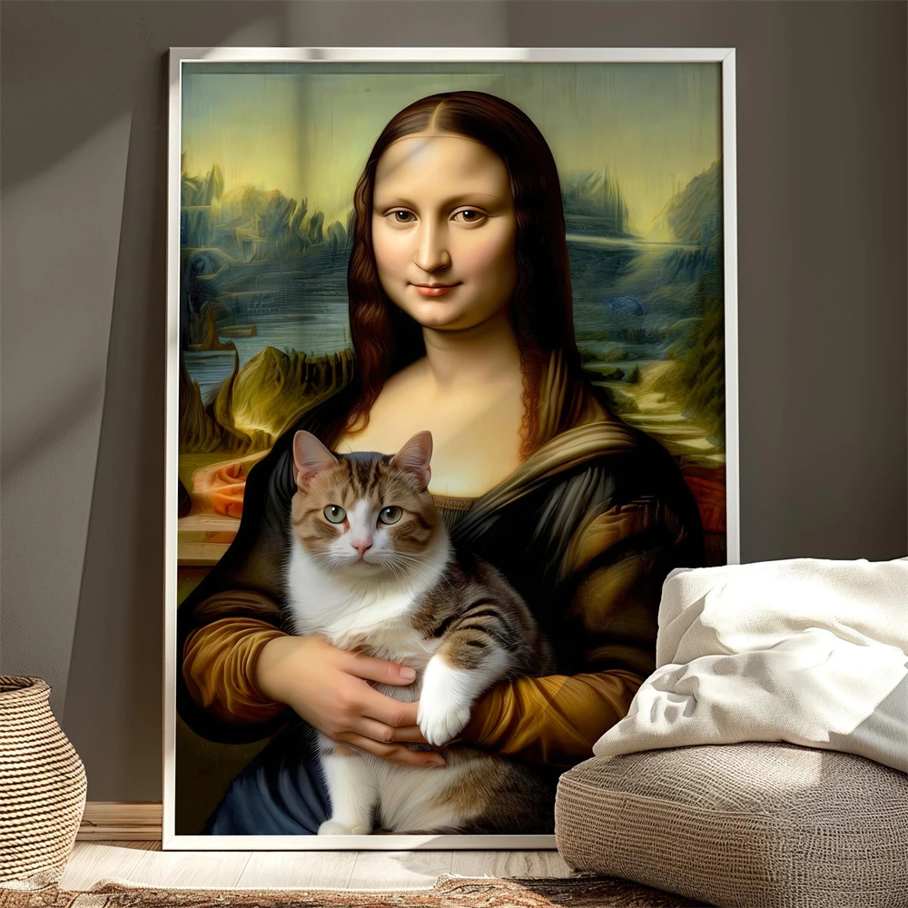 Girl With Pearl Earring Print Poster Mona Lisa with Cat Classic Art Poster Renaissance Style Wall Art Funny Canvas Painting