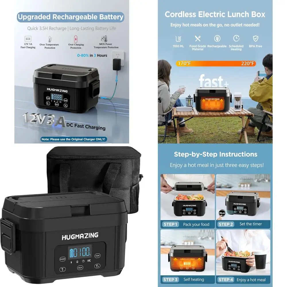 

Rechargeable Self-Heating Lunch Box - 1100ml Stainless Steel Container, Perfect for Travel, Office Meals, Adults, Men & Women