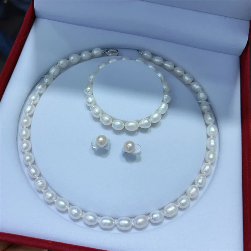 

Rice Pearl Jewelry Set Natural Fresh water Pearl White 925 Sterling Silver Necklace Bracelet Earrings Jewelry Set for Women