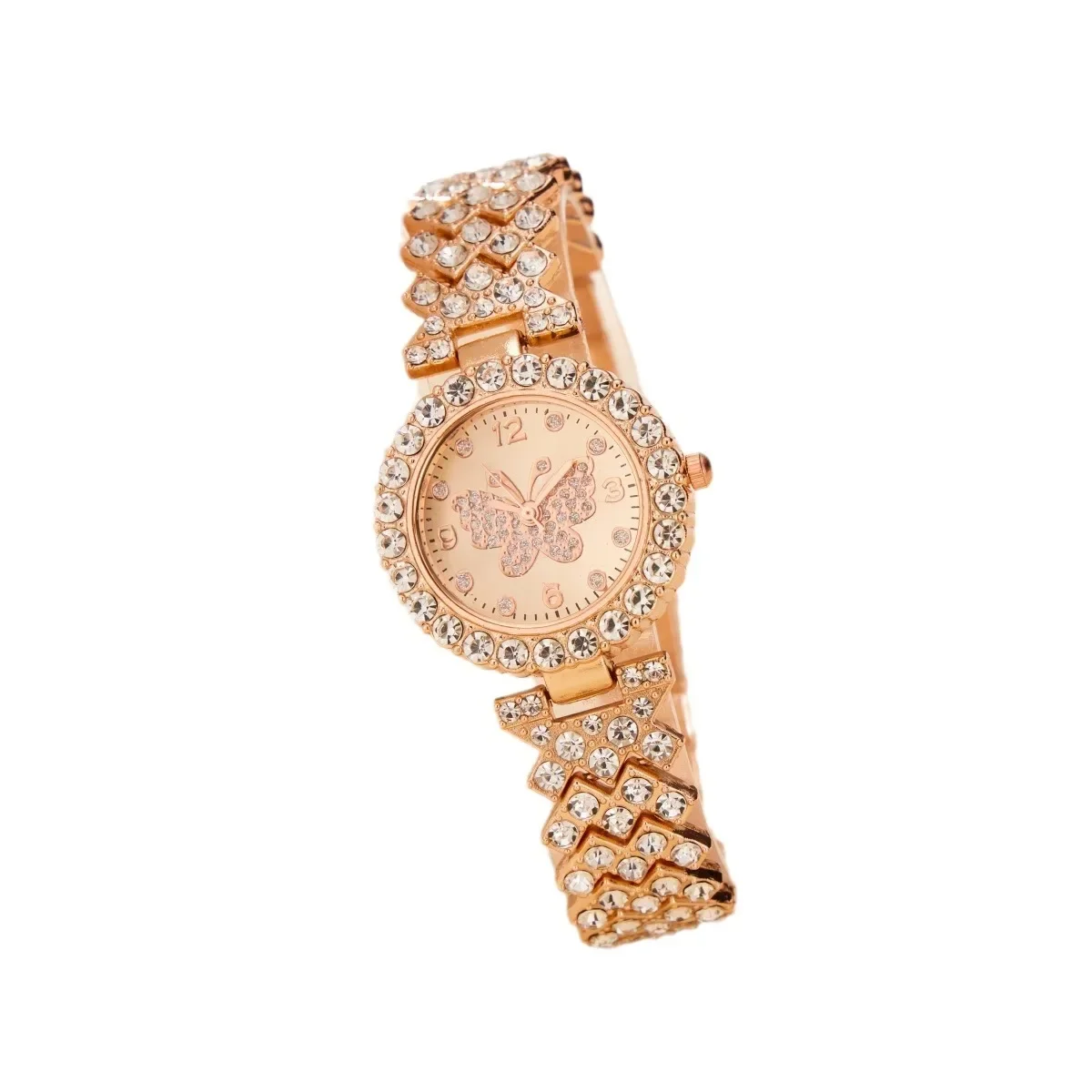 Reloj de cuarzo de lujo dorado para mujer, esfera de mariposa con punto de diamante Simple, lleno de cristales, correa de acero, reloj de pulsera de cuarzo