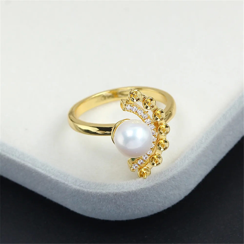 Domestic 14k Gold Color Retention Exquisite Multi Bead Open Ring Zircon Pearl Empty Bracket Adjustable DIY Accessories