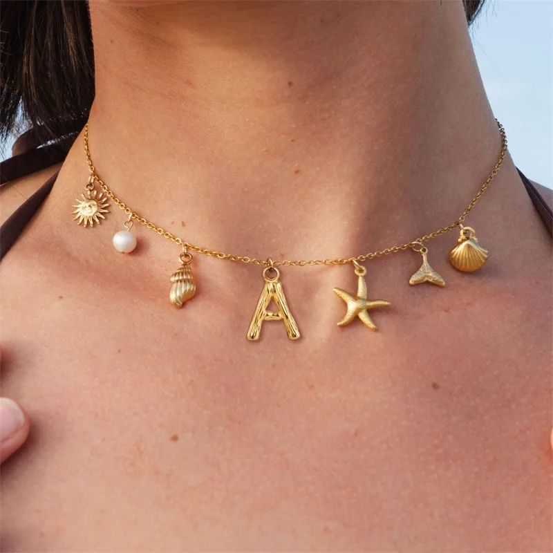 Gold Initial Beach Necklaces for Women Boho Surfer Beach Letter Necklace 14K Gold Plated A-Z Pendant Alphabet Choker Necklace