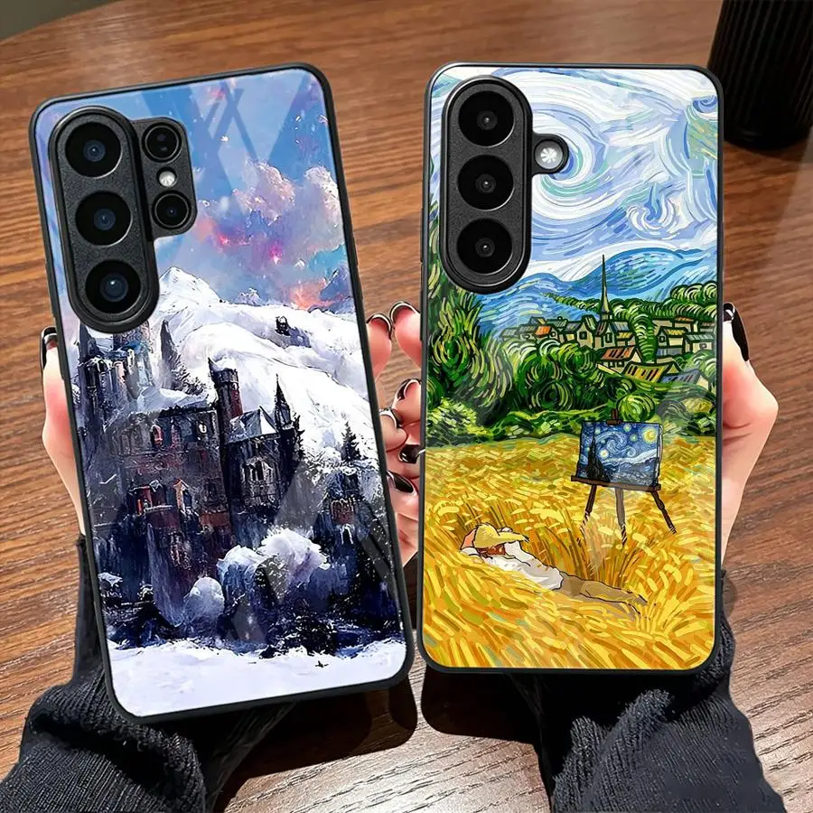 Glass Phone Cover Case for Samsung Galaxy S26 S24 Note 8 9 10 20 S21 S20 FE S23 Plus S22 S24 Ultra S9 S8 S10 Starry Night Van