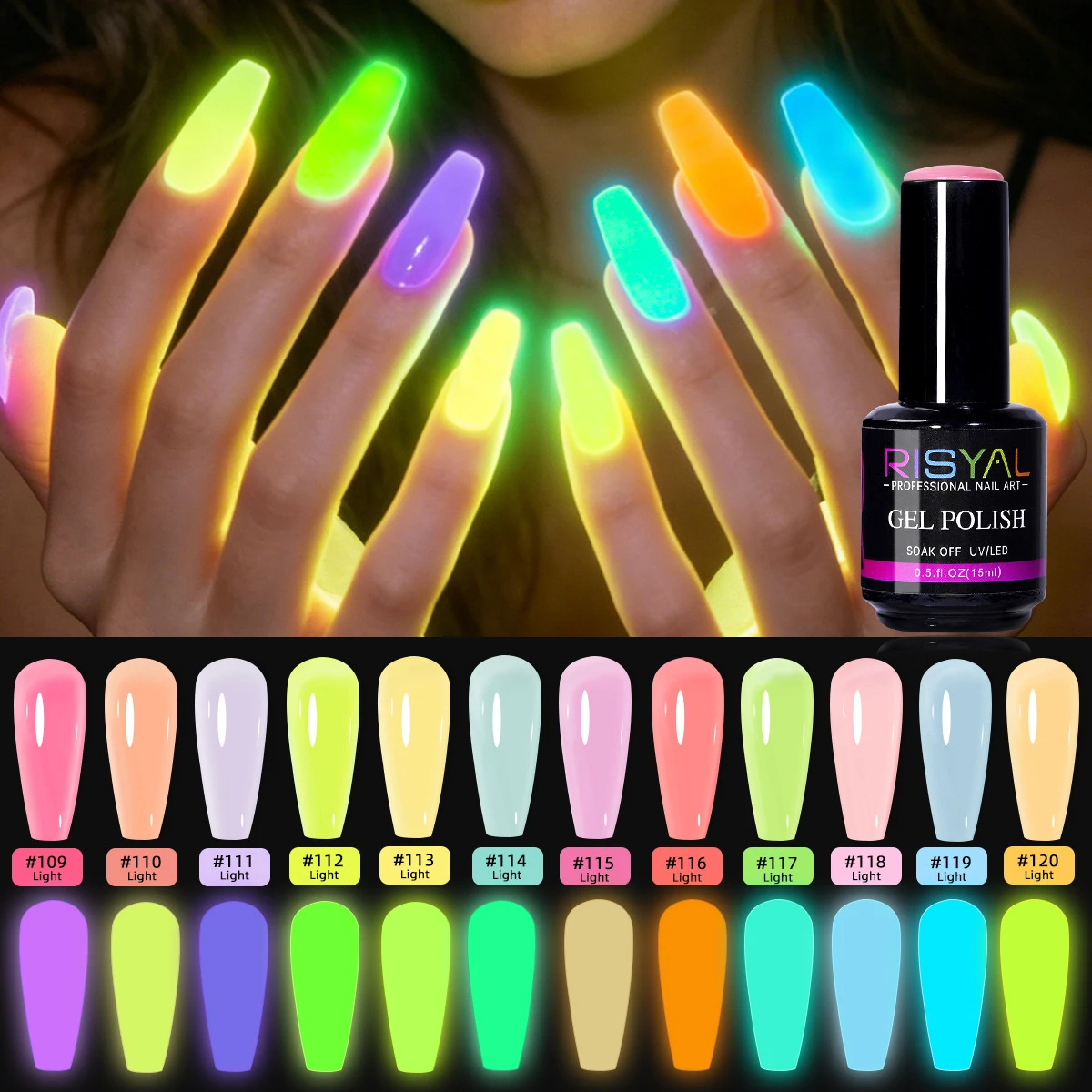 12 Colors Glow In Dark Gel Nail Polish Set Neon Luminous Soak Off UV Gel Summer Beach Party Halloween Festival Manicure Kit