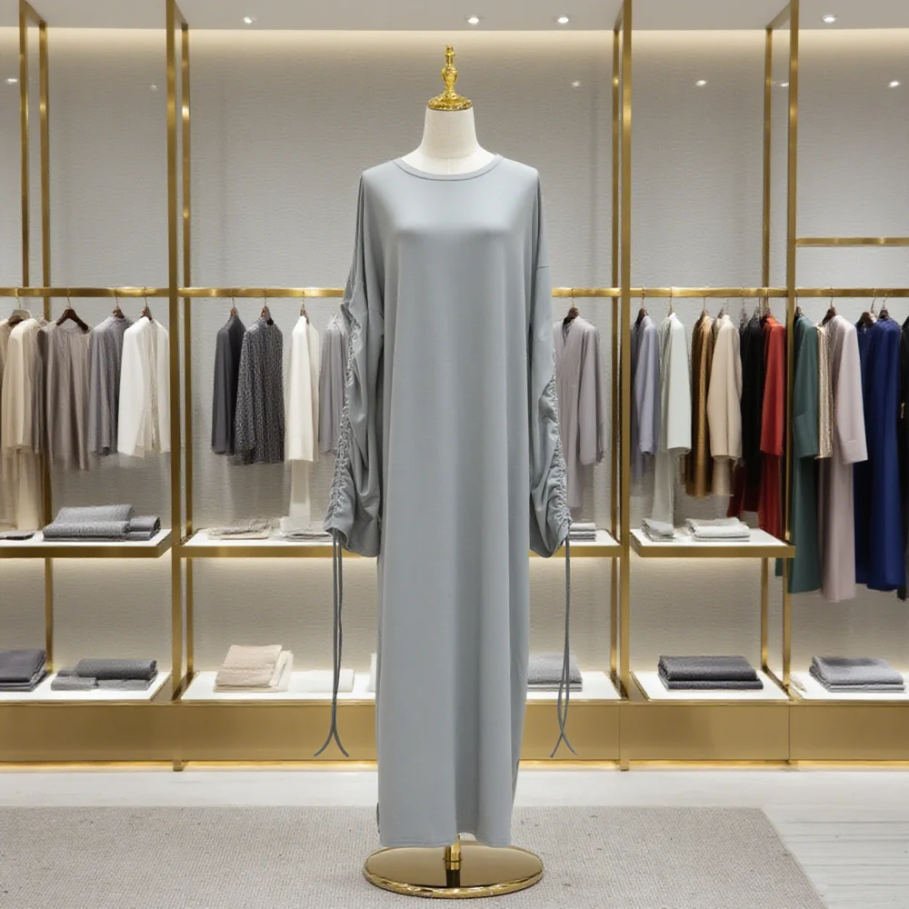 

Muslim Abaya Long Sleeve Drawstring Cuff Islam Clothing for Women Maxi Dress Ruched Sleeve Plus Size Dubai Style Luxury Abaya