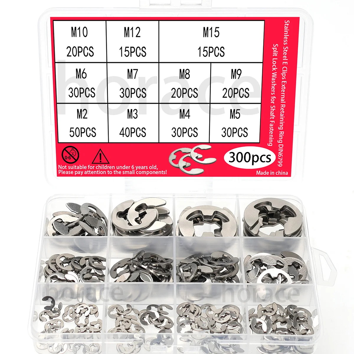 300 قطعة من حلقة الاحتفاظ من النوع E من الفولاذ المقاوم للصدأ مشبك إحكام خارجي DIN6799 غسالات قفل مقسمة لتثبيت العمود، دوائر من النوع الإلكتروني