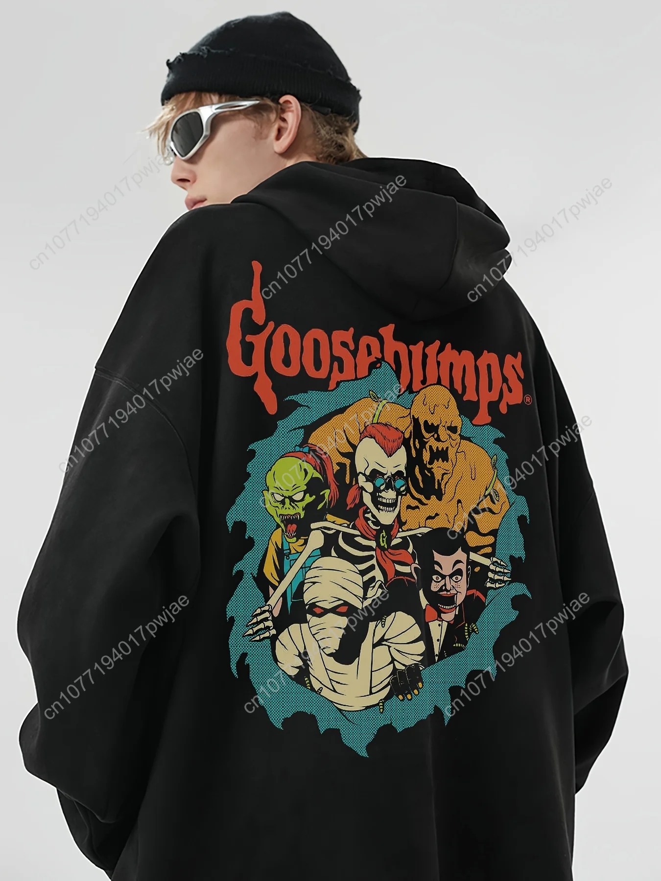 

Men'S Goosebumps Horror Character Collage Hoodie - Black Casual Pullover with White Print, Kangaroo Pocket, Blend Material, Regu