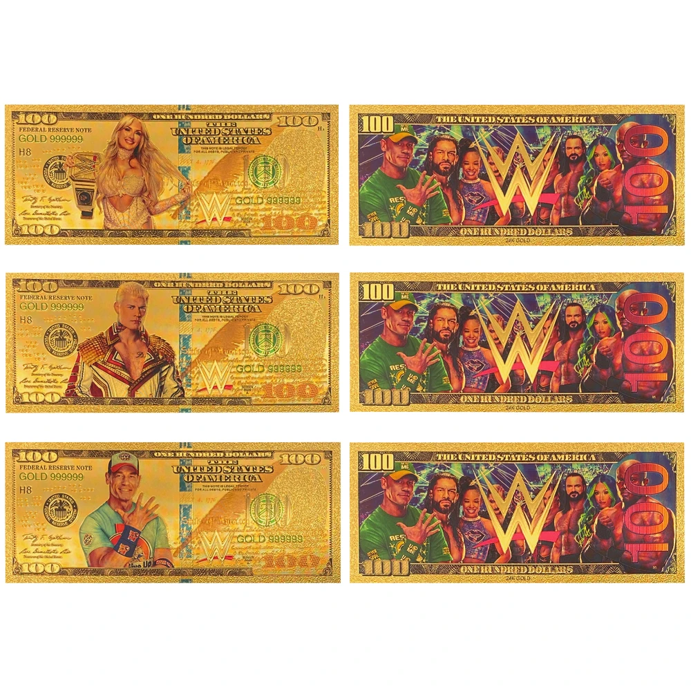 مائة دولار من الأوراق النقدية المطلية بالذهب عيار 24 قيراط الأمريكية Pro Wrestling Stars Fan تذكارية مجموعة الأوراق النقدية البلاستيكية - هدية قابلة للاستخدام #1